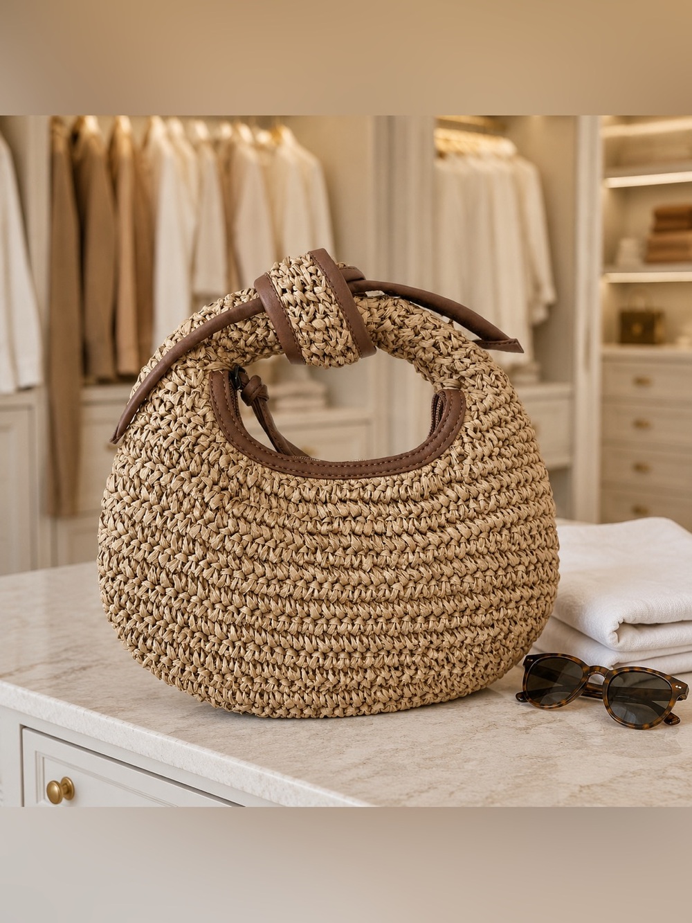 NWT Time and Tru Natural Raffia Top Knot Crescent Handbag